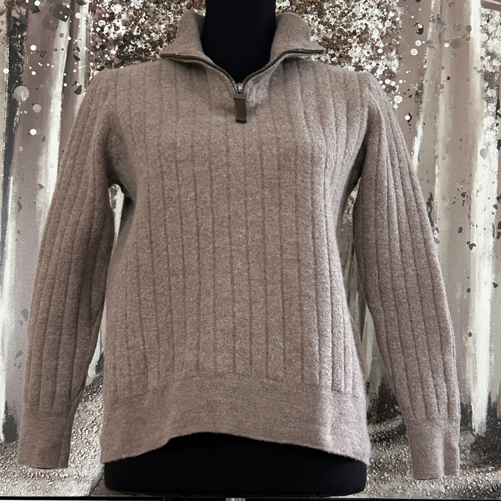 Jason Wu 100% Merino Wool Ribbed Quarter-Zip Taupe Sweater - Large - Picture 2 of 6